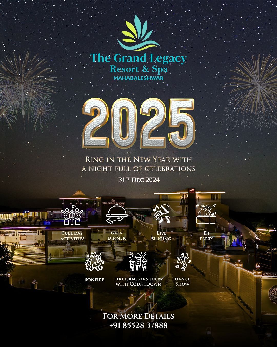 Celebrate New Year’s Eve 2024 with full-day activities, gala dinner, live singing, DJ party, bonfire, fireworks, and dance show.